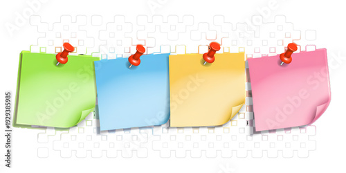Four colorful sticky notes attached to a white wall in a row with different colors and corners turned up isolated on transparent background