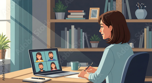 A focused woman participates in a virtual meeting on her laptop while taking notes at her desk in a home office setting, emphasizing remote collaboration and online communication