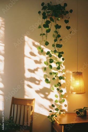 A plant is growing on a wall and a lamp is on a table. The plant is green and has leaves