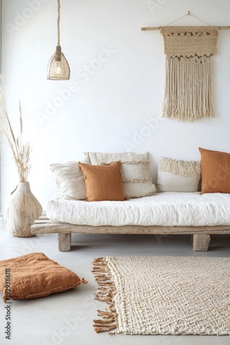 Modern rustic living room setting featuring textured couch cushions and wicker woven rugs.