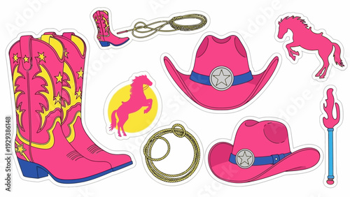 Pink Western Cowboy Hat, Boots, Lasso and Horse Stickers Set
