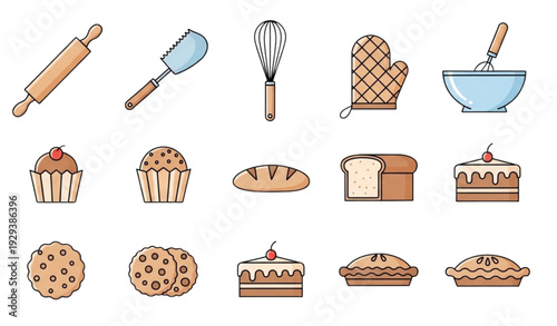 A colorful illustration of various baked goods and kitchen utensils