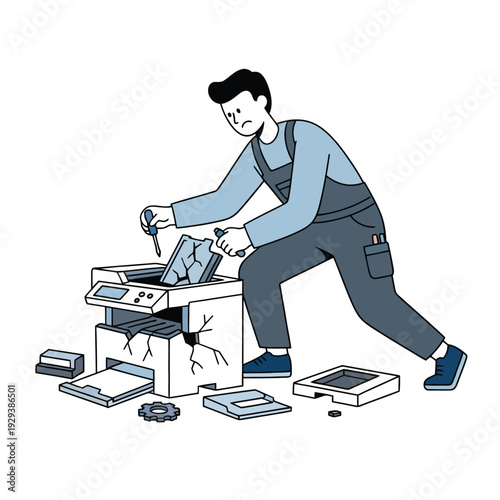 Frustrated repairman fixing a broken printer with tools, experiencing technical difficulties.