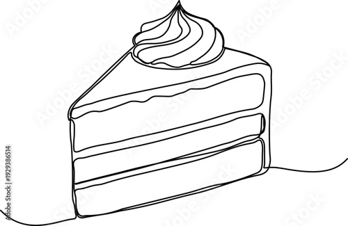 Continuous black line art drawing of a delicious cake slice with frosting