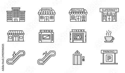 A set of minimalist line art icons depicting various shopping and retail storefronts and facilities