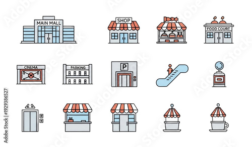 A set of colorful vector icons depicting various mall and shop buildings