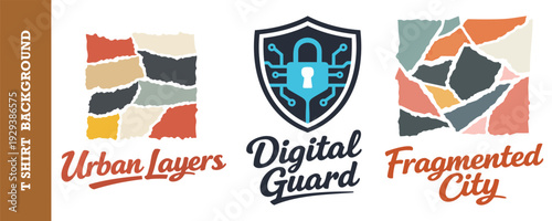 Creative tshirt design collection featuring urban map art and digital security themes with colorful fragmented city patterns and technology icons