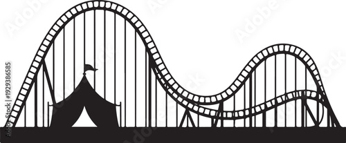 Black silhouette of a roller coaster with a circus tent