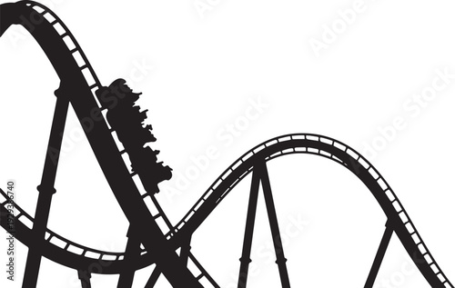 Black silhouette of a roller coaster with a train on the tracks