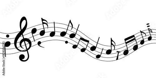 Elegant musical notes flowing in a wavy pattern on a white background isolated on transparent background
