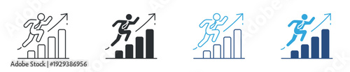 Business growth icon set, businessman running on increasing bar chart with upward arrow line and solid vector illustration