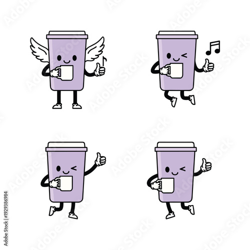 Cartoon coffee cups dancing and singing with joy and freedom