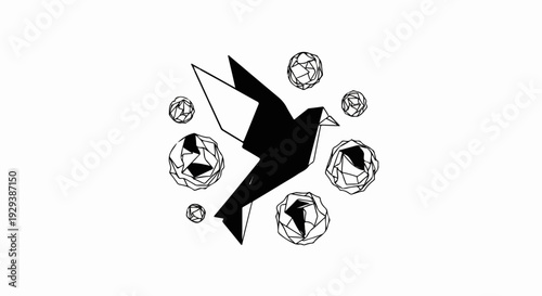 Black origami bird flying among abstract geometric crystal clusters