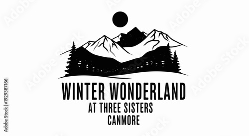 Black silhouette of winter mountains, trees, and moon over text