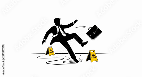 Businessman slips on wet floor, briefcase flying, hazard signs present