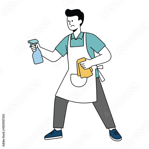 Unhappy cleaner with spray bottle and cloth, ready for cleaning duties in a flat design vector illustration.