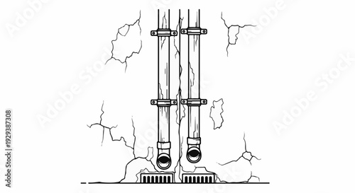 Cracked wall with vertical pipes and grates
