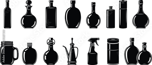 Black bottle and jar silhouette collection with oil, sauce and cosmetic containers isolated on white background vector illustration set
