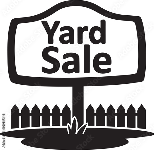 A black and white illustration of a yard sale sign in front of a fence
