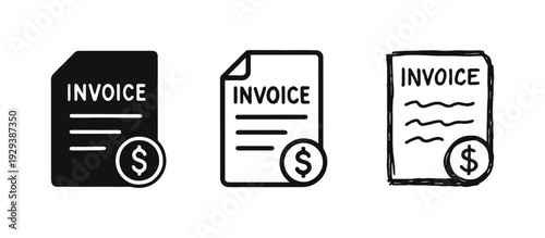 Invoice Document with Dollar Sign Icon Set, Financial Billing Statement Vector Symbols