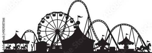 Black silhouette of amusement park with ferris wheel and roller coasters