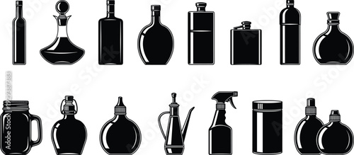 Black bottle and jar silhouette set featuring oil, sauce, cosmetic and spray containers isolated vector illustration collection