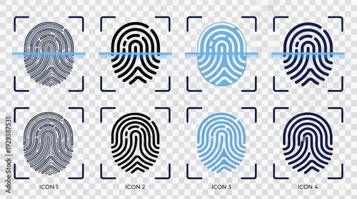 A vector illustration of a fingerprint forming a circular maze pattern with abstract symbols and 3D spiral design elements on a round business concept background