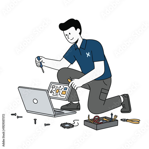 Computer repair technician kneeling and fixing a laptop with tools and components, representing IT support.