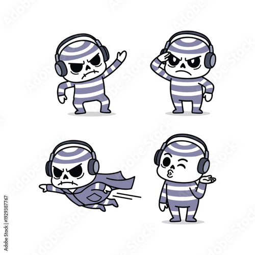 Cartoon mummy characters with different emotions wearing headphones in various poses