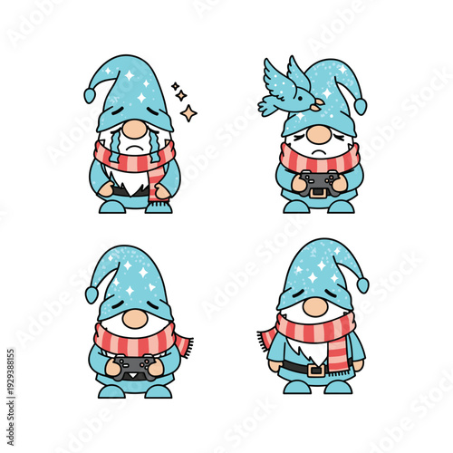 Gnomes with cameras in red striped scarves on white background