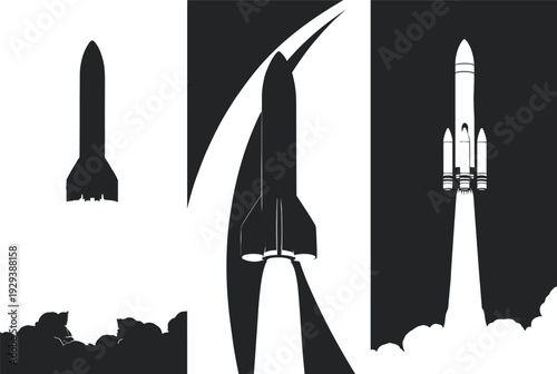 Black silhouette illustrations of rockets launching, vertical ascent, curved trajectory, orbital path, side boosters, exhaust flames, smoke, aerospace engineering, space exploration, dynamics