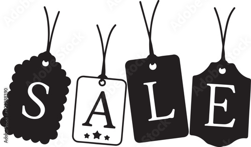 A black and white sale sign with hanging tags on a transparent background