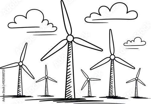 Hand drawn illustration of a wind farm generating clean renewable energy from wind power