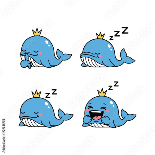 Cute cartoon whale sleeping and waking up with crown on head