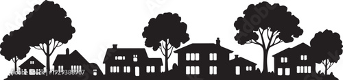 Black silhouette of houses and trees on white background