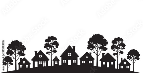 Black silhouette of houses and trees on white background