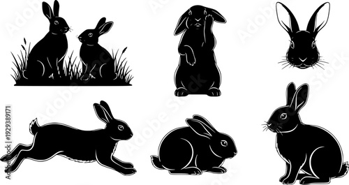 Black rabbit silhouettes set, sitting and running hare vector icons isolated on white background.
