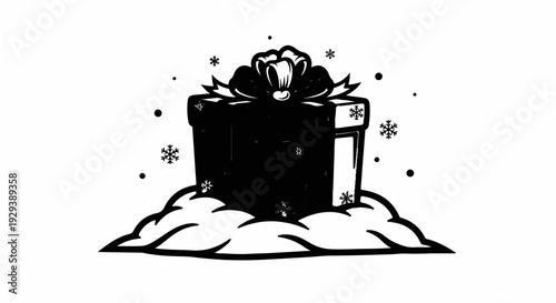 Festive gift box nestled in snow with snowflakes