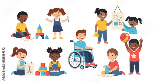 Diverse & Inclusive Kids Playing & Learning. Happy Childhood, Education, & Friendship. Children of different abilities & backgrounds. Vector illustration.