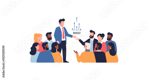 Investment Strategy Presentation by Financial Expert to Diverse Group, Illustrating Growth Opportunities and Success with Upward Arrows