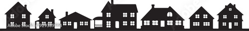 Black silhouette of houses with white windows on white background