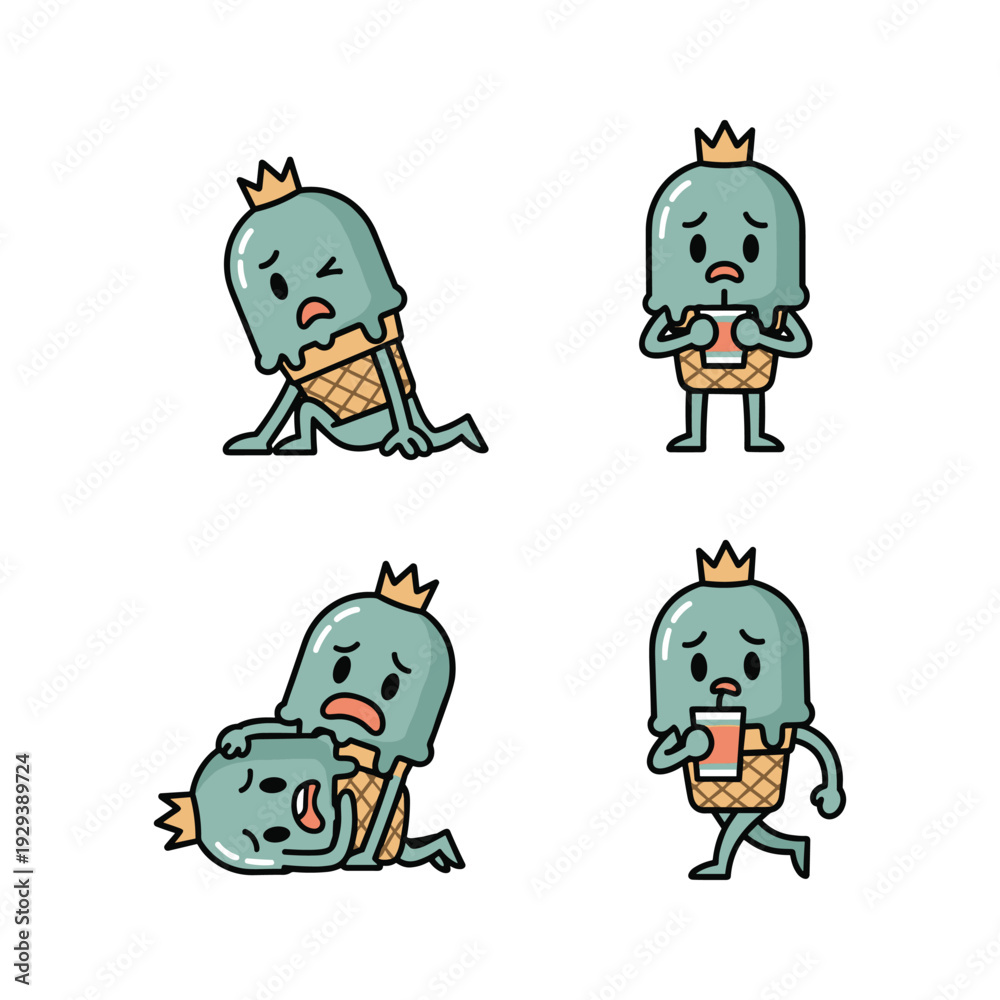 Fototapeta premium Cartoon ice cream characters showing emotions with crown on white background