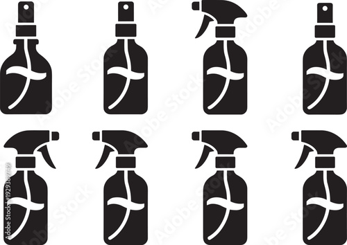 Black silhouette illustrations of spray bottles, trigger tops, straight nozzles, cleaning tools, household products, packaging design, beauty industry, container vector
