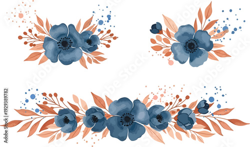 Beautiful watercolor floral arrangements featuring deep blue anemone flowers and warm terracotta leaves with artistic paint splatters