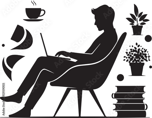 Man sitting in chair working on laptop surrounded by plants and books at home