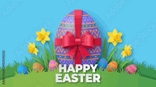 Happy Easter Paper Cut Illustration with Gift Egg, Daffodils, and Colorful Spring Eggs in Grass