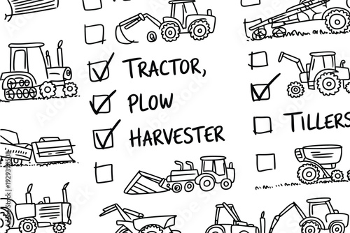 Illustration of various farm machinery and vehicles with a checklist for agricultural equipment