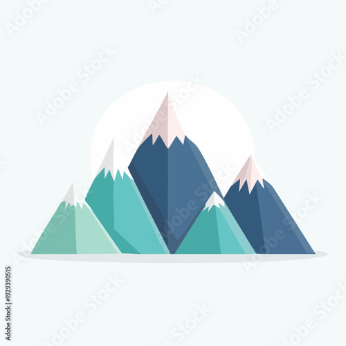 Stylized vector graphic of snow-capped mountains and a sun. Serene nature landscape in flat design style