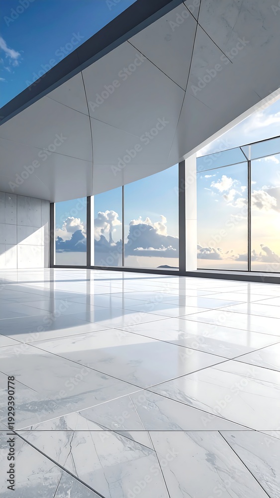 Fototapeta premium A sleek, modern room with marble floors and large windows