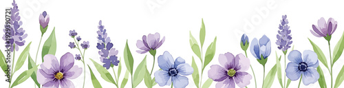 A delicate watercolor illustration featuring a horizontal border of purple and blue flowers, including lavender sprigs and green leaves, on a clean white background.